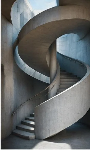 Tegeltableau met spiraaltrap in beton: een betonnen spiraaltrap vormt vloeiende lijnen in een licht modernistisch interieur.