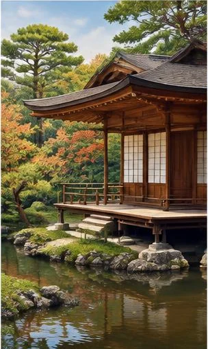 Tegeltableau met japans houten paviljoen: een houten paviljoen kijkt uit over een vijver tussen dennen en herfstblad.