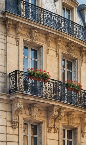 Tegeltableau met parijs balkon: smeedijzeren balkons met bloemen sieren een lichte stenen stadsgevel.