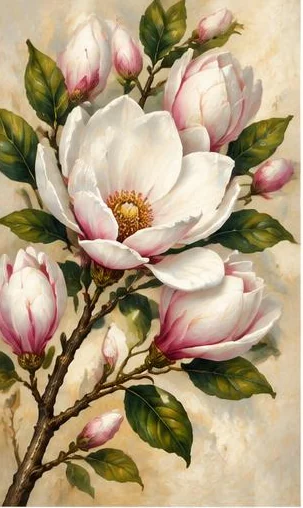 Tegeltableau met magnolia in bloei: witte magnoliabloemen en roze knoppen verschijnen aan een donkere tak tegen een lichte achtergrond.
