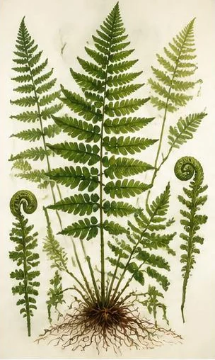 Tegeltableau met varenstudie: uitgevouwen varenbladeren en jonge krullen zijn als een botanische plaat naast elkaar geschilderd.