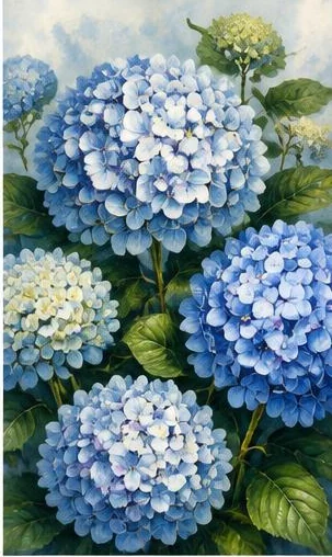 Tegeltableau met blauwe hortensia: volle hortensiabollen in verschillende blauwtinten vullen het beeld met kleine bloemblaadjes.