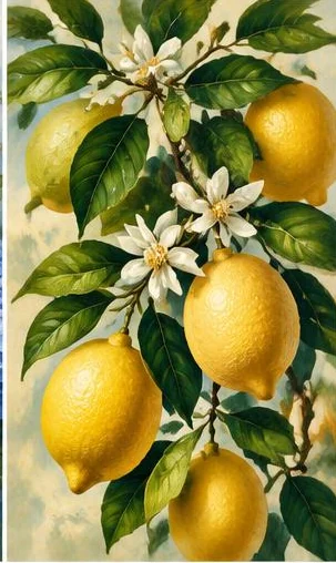 Tegeltableau met citroenboom in bloesem: gele citroenen hangen tussen glanzend groen blad en witte bloesem aan een mediterrane tak.