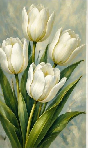 Tegeltableau met witte tulpen: witte tulpen met lange groene stelen staan bij elkaar in een zacht geschilderd voorjaarslicht.