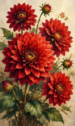 Tegeltableau met rode dahlia’s: gelaagde donkerrode dahlia’s met kleine knoppen vormen een rijk bloemportret.