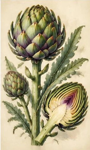 Tegeltableau met artisjok botanisch: een bloeiende artisjok en een doorgesneden exemplaar tonen het blad en de paarse kern als natuurstudie.