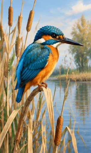 Tegeltableau met ijsvogel aan het riet: een ijsvogel met kobaltblauwe rug zit boven stil water tussen hoge rietstengels.