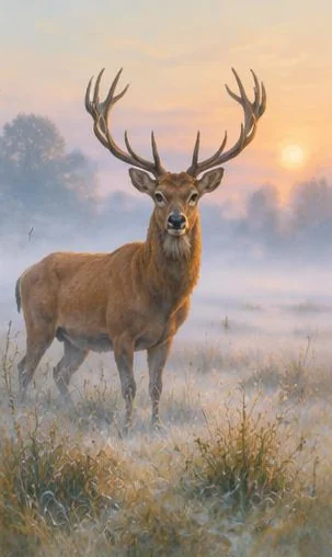 Tegeltableau met hert in ochtendmist: een edelhert staat in de ochtendnevel tussen heide en bomen, met warm licht achter het gewei.