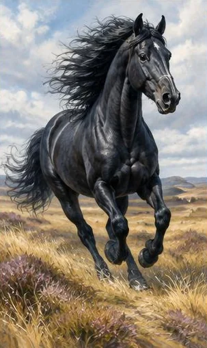 Tegeltableau met zwart paard in de wind: een zwart paard galoppeert door hoog gras.