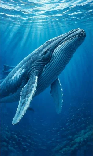 Tegeltableau met walvis in blauw water: een walvis zwemt onder het wateroppervlak, waar lichtbundels door diepblauw zeewater vallen.