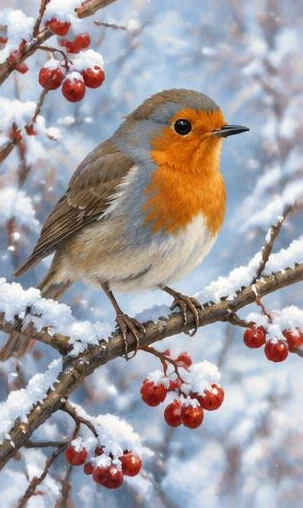 Tegeltableau met roodborstje in de winter: een roodborstje zit op een besneeuwde tak met rode bessen tegen een zachte winterlucht.