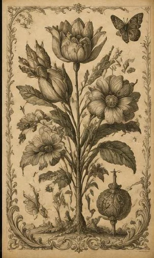 Tegeltableau met antieke bloemenprent: bloemen, bladeren en kleine insecten staan als fijn getekende oude natuurprent op papier.