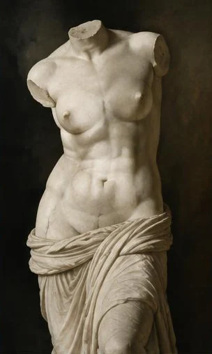Tegeltableau met marmeren torso: een klassieke marmeren torso is geschilderd tegen een donkere achtergrond.