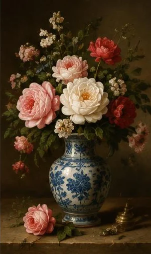 Tegeltableau met rozen in porseleinen vaas: roze en witte rozen staan in een blauw-witte vaas op een donker houten tafel.