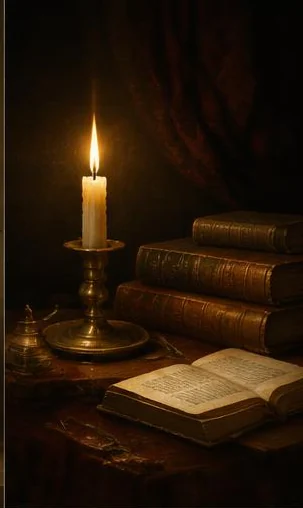 Tegeltableau met boeken bij kaarslicht: een brandende kaars verlicht oude boeken op een donkere tafel in een stille studie.