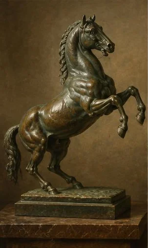 Tegeltableau met bronzen paard: een bronzen paardensculptuur steigert op een sokkel voor een donkere geschilderde muur.