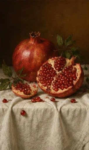 Tegeltableau met granaatappels op linnen: open granaatappels en losse pitten liggen op wit linnen in een klassiek stilleven.