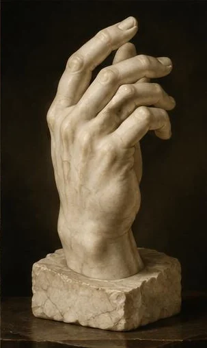 Tegeltableau met marmeren hand: een gebeeldhouwde marmeren hand tekent zich met fijne schaduwen af tegen zwart.
