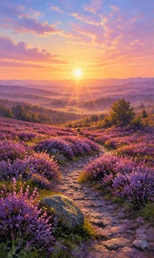 Tegeltableau met heide bij zonsopkomst: een zandpad voert door paarse heide naar de opgaande zon boven een lage horizon.
