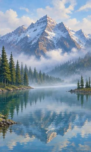 Tegeltableau met alpenmeer in de mist: bergtoppen en dennen weerspiegelen in een stil meer terwijl mist tussen de hellingen hangt.