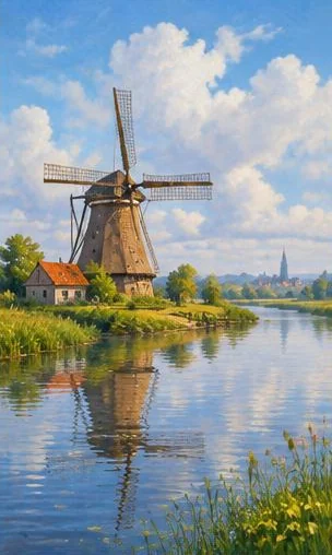 Tegeltableau met molen aan de rivier: een Hollandse windmolen staat aan het water tussen gras en boerderijen onder een wolkenlucht.