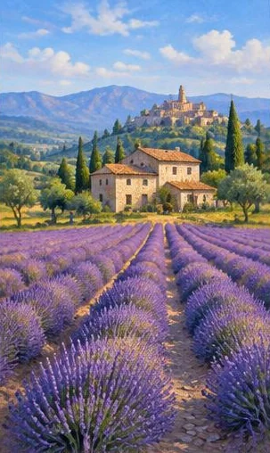 Tegeltableau met lavendel in de provence: rijen lavendel leiden naar een stenen huis op de heuvel, met cipressen aan de horizon.