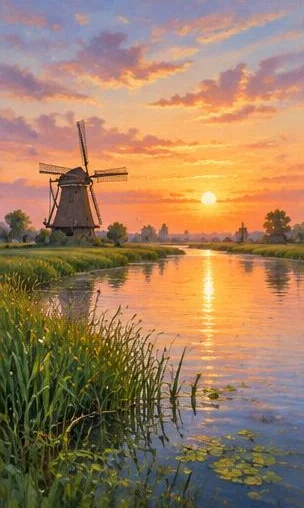 Tegeltableau met polder bij avondlicht: een molen en rietkraag tekenen zich af tegen de ondergaande zon boven een stille Hollandse vaart.