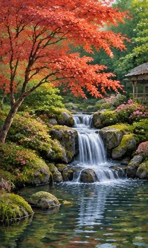 Tegeltableau met waterval in japanse tuin: een rode esdoorn buigt over een kleine waterval en met mos begroeide stenen.