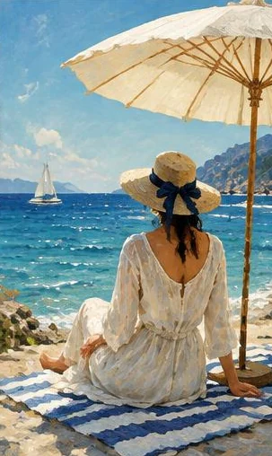 Tegeltableau met onder de parasol: een figuur met strohoed zit onder een parasol en kijkt uit over het water.