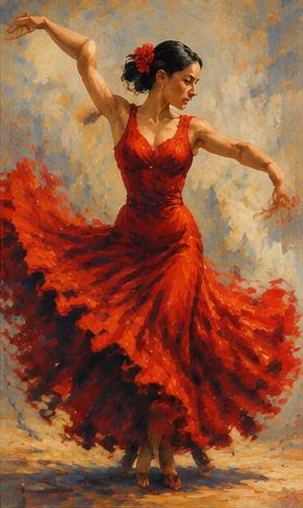 Tegeltableau met danseres in rood: een danseres draait in een rode jurk.