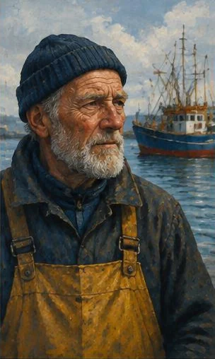 Tegeltableau met visser aan de haven: een oudere visser kijkt over de haven met vissersboten achter zich.