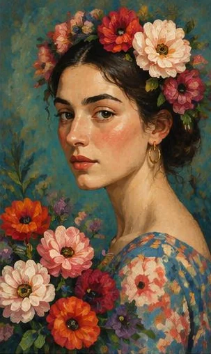 Tegeltableau met vrouw met bloemen: een vrouw met een bloemenkrans kijkt recht vooruit tegen een diepblauwe achtergrond.