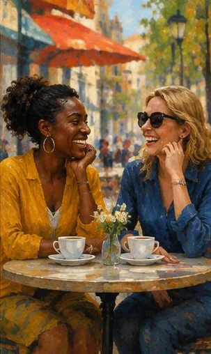 Tegeltableau met gesprek in het café: twee vriendinnen zitten met koffie aan een buitentafel in een zonnige straat.