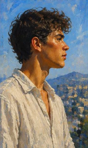 Tegeltableau met portret in profiel: het profiel van een jonge man steekt af tegen blauwe bergen en een lichte lucht.