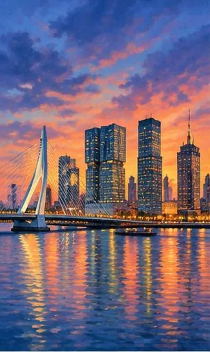 Tegeltableau met rotterdam bij avond: de verlichte skyline van Rotterdam spiegelt in het water bij de Erasmusbrug.