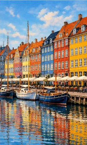 Tegeltableau met kleurrijk kopenhagen: kleurige huizen en zeilboten staan langs de zonnige haven van Nyhavn.