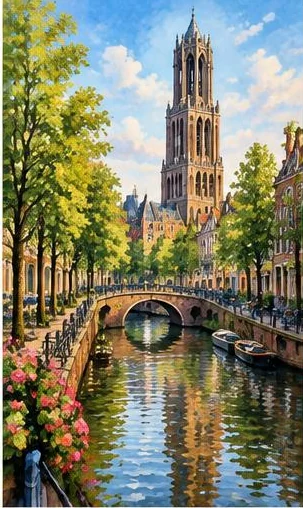 Tegeltableau met utrecht aan de gracht: de Domtoren rijst achter een brug en bomen langs de Utrechtse gracht.