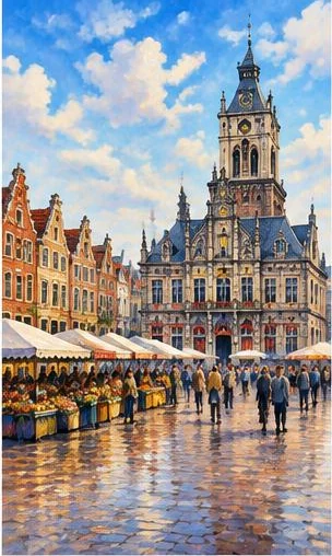 Tegeltableau met marktplein in delft: een levendig plein met marktkramen en hoge gevels in een Delfts stadsbeeld.
