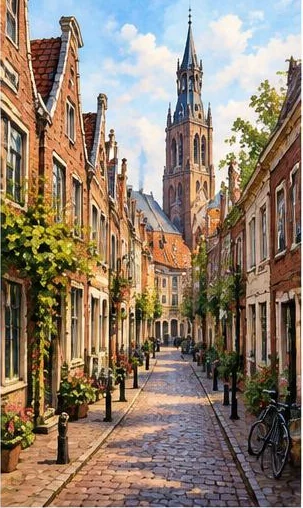 Tegeltableau met straatje in haarlem: een rustige straat met oude bakstenen gevels, bloemen en een kerk in de verte.