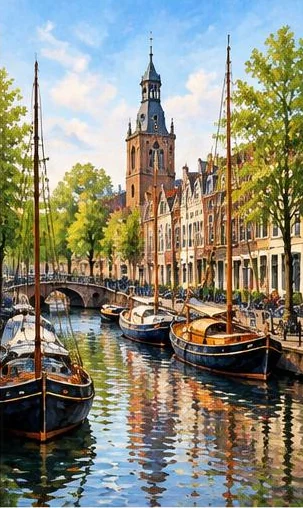 Tegeltableau met leidse grachtenboten: sloepen liggen aan de kade tussen bomen en historische panden langs een gracht.