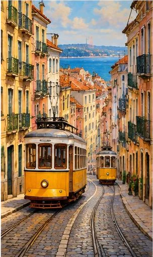 Tegeltableau met tram in lissabon: een gele tram rijdt door een steile straat met kleurrijke gevels en blauwe lucht.