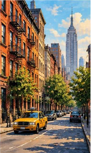Tegeltableau met new york in baksteen: bakstenen huizen met brandtrappen omlijsten een straat richting een hoge wolkenkrabber.