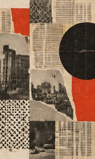 Tegeltableau met krantenknipsel collage: typografische fragmenten, fotodetails en gekleurd papier vormen een grafische collage.