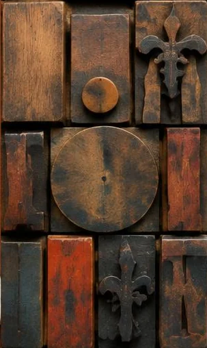 Tegeltableau met houten drukblokken: versleten houten drukblokken liggen als abstracte vormen in een grafische zetkast.
