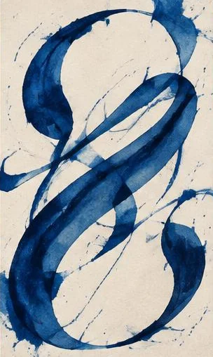 Tegeltableau met kalligrafie in blauw: vrije kobaltblauwe inktkrullen bewegen als kalligrafie over licht papier.