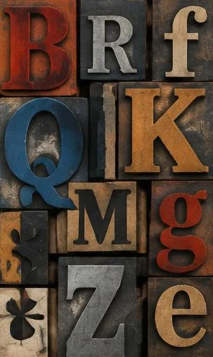 Tegeltableau met alfabet uit de zetkast: losse houten letters in verschillende corpsen vullen een kleurrijke typografische collage.