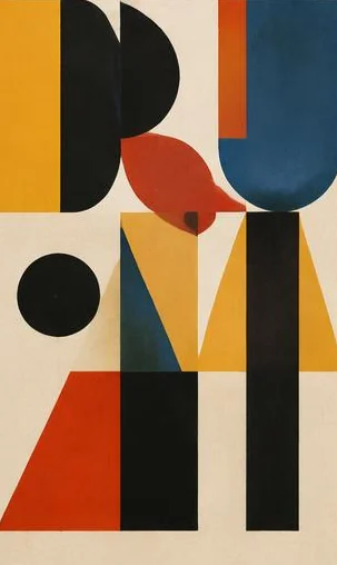 Tegeltableau met bauhaus lettervormen: geometrische letterfragmenten zijn gecombineerd met cirkels en primaire kleurvlakken.