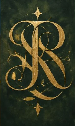 Tegeltableau met gouden monogram: een goudkleurige sierletter met florale krullen staat op donkergroen.