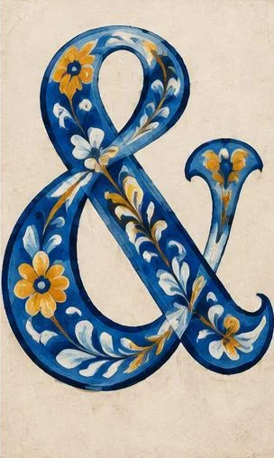 Tegeltableau met bloemenampersand: een groot blauw ampersandteken is beschilderd met kleine bloemen en bladeren.