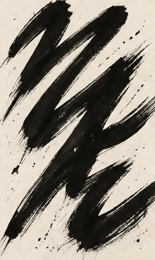 Tegeltableau met zwarte penseelletters: brede zwarte penseelstreken vormen een vrij letterachtig teken op licht papier.